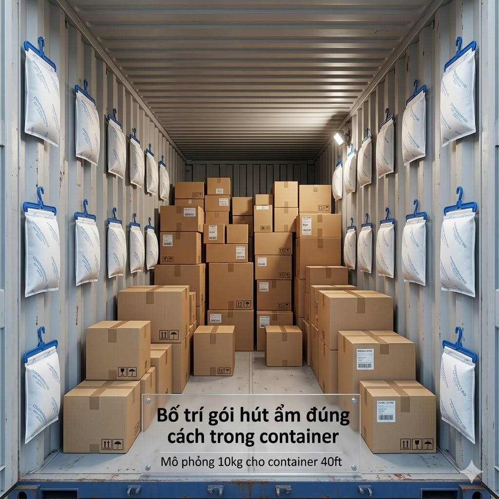 cách bố trí gói hút ẩm container