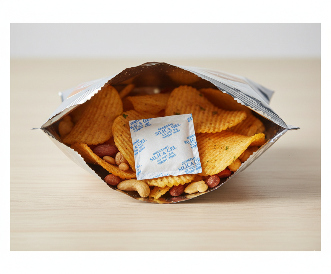 Minh họa công dụng gói hút ẩm trong thực phẩm