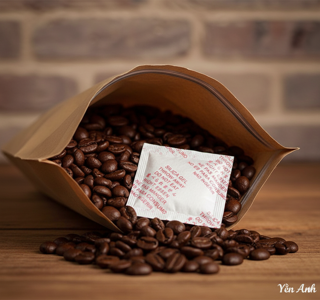 Gói hút ẩm Silica Gel Yến Anh trong hộp cà phê giúp giữ hương vị và tránh ẩm mốc