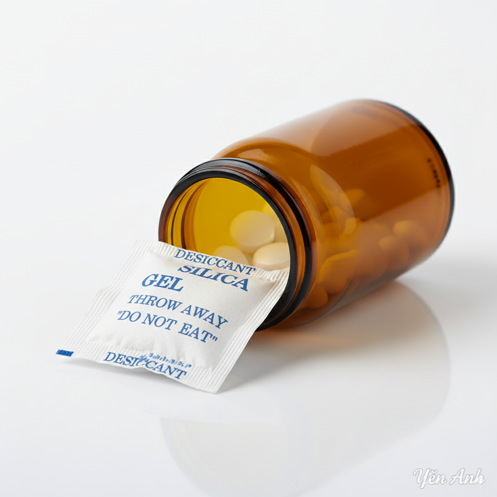 Gói hút ẩm Silica Gel Yến Anh trong hộp thuốc giúp bảo quản viên nén khô ráo