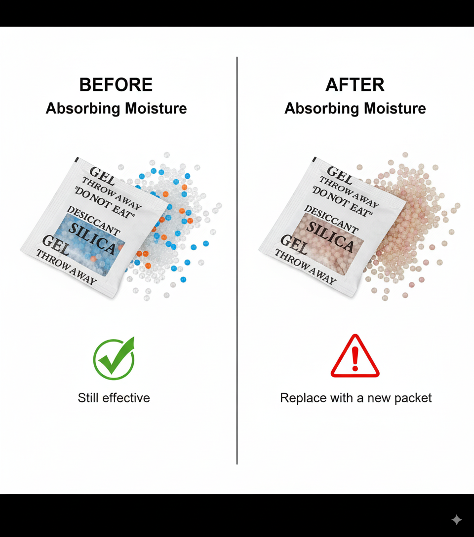 Hạt hút ẩm Silica Gel đổi màu báo hiệu cần thay gói hút ẩm mới
