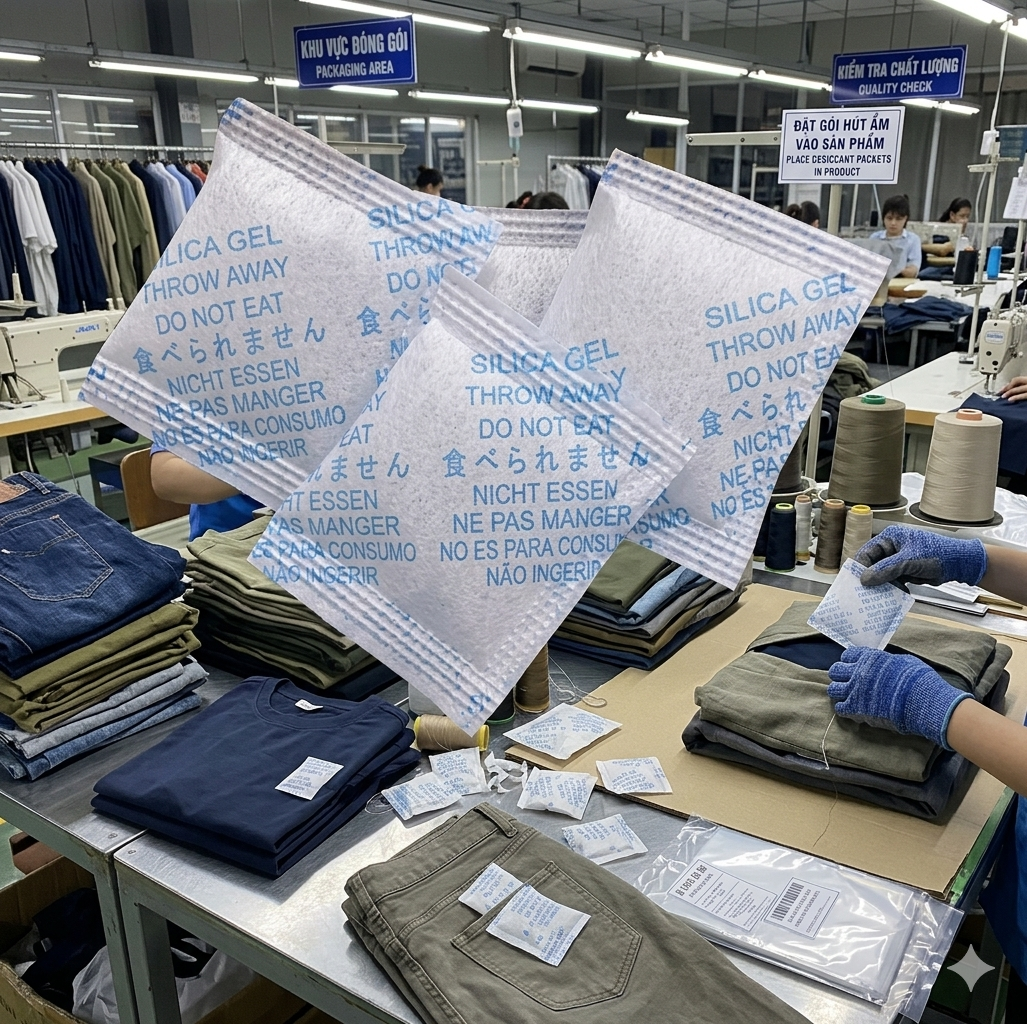 Gói hút ẩm silicagel sử dụng trong ngành may mặc chống ẩm mốc quần áo